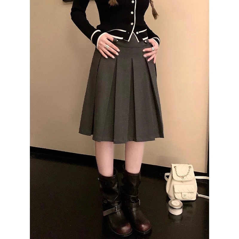 耶古韩系深花灰加厚保暖西装半身裙女秋冬新款高腰垂坠百褶中裙子