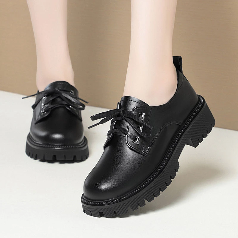 【软底软面】真皮皮鞋2025新款中年妈妈鞋低跟系带女鞋秋季女单鞋