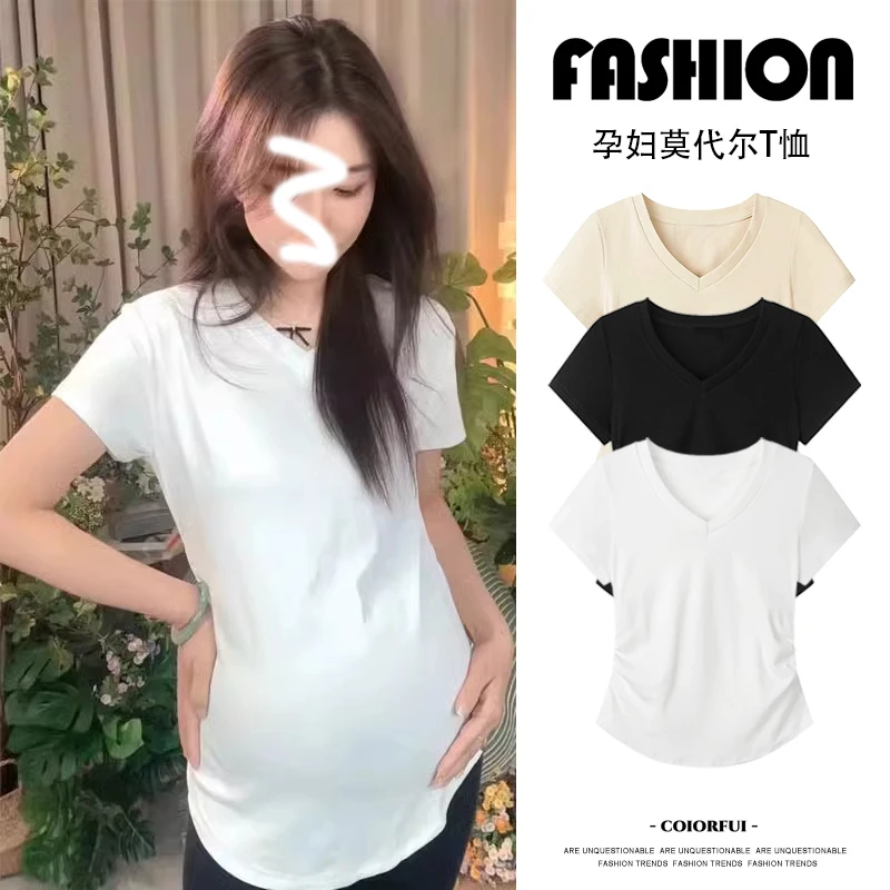 【梦梦妈】孕妇装夏季显瘦百搭时尚弹力莫代尔薄款V领修身短袖上衣