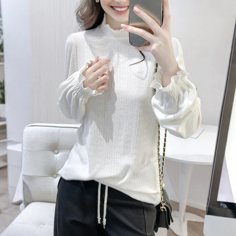 木耳领长袖针织T恤女秋冬新款气质宽松百搭显瘦内搭打底衫上衣潮