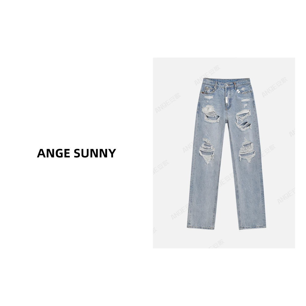 ANGE SUNNY【a*w破洞牛仔裤】水洗阔腿复古高街牛仔裤