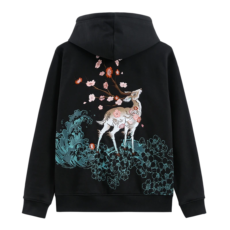 ONIARAI/鬼洗泥棒蓝踏浪白鹿绣花休闲套头连帽卫衣厚款22NOB55