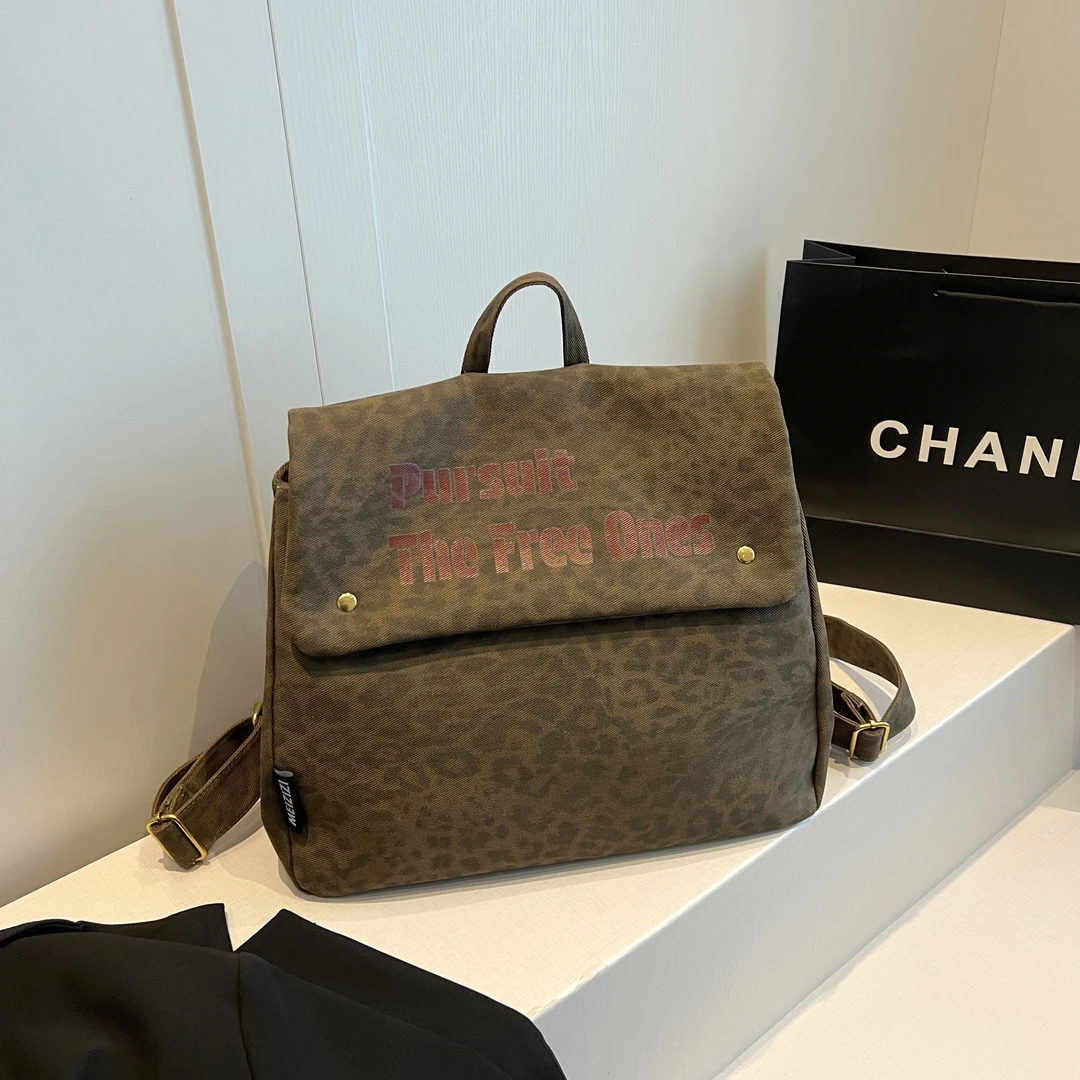 复古风学院风经典多功能双根双肩背豹纹大号潮流防盗双肩包