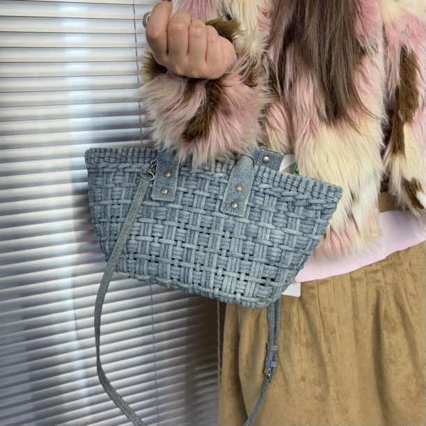 95新 Balenciaga/巴黎世家 单宁编织菜篮子手提斜挎包amr