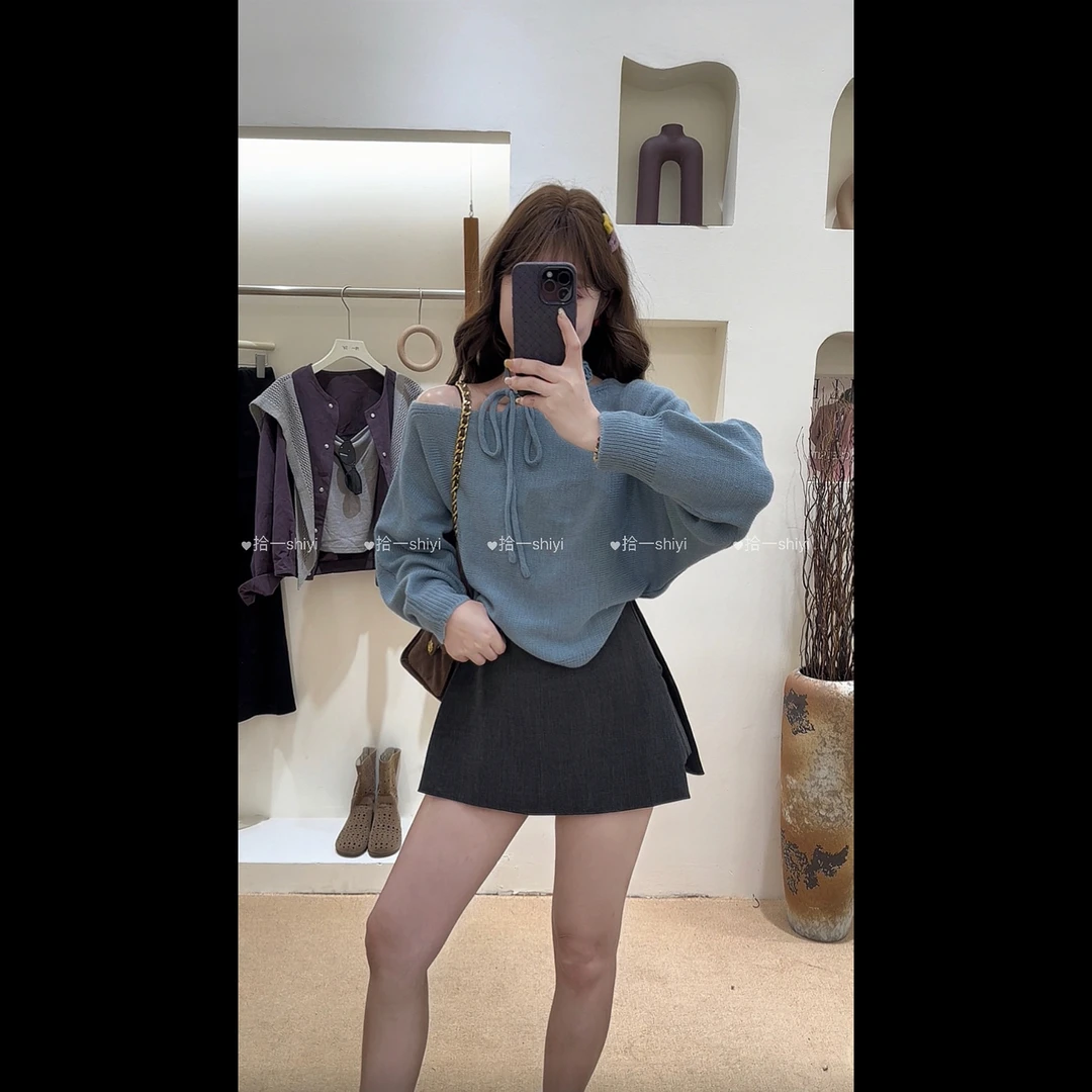 拾一 糖果女孩 设计感斜肩毛衣（配花花围巾）