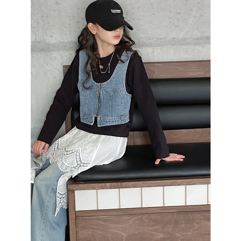 K28171假两件女童长袖T恤2025新款春装儿童上衣春秋打底衫休闲薄t