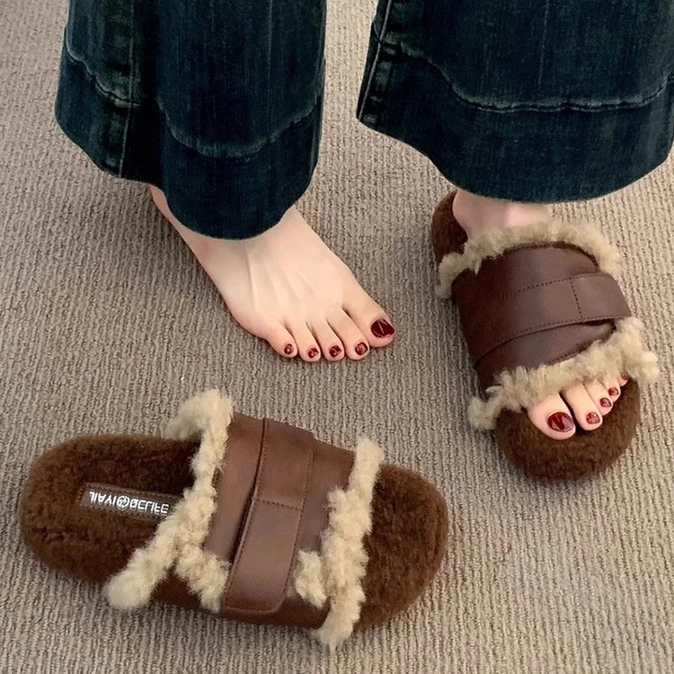 韩版毛毛拖鞋女外穿2025新款秋冬季防滑厚底羔羔毛一字保暖棉拖鞋