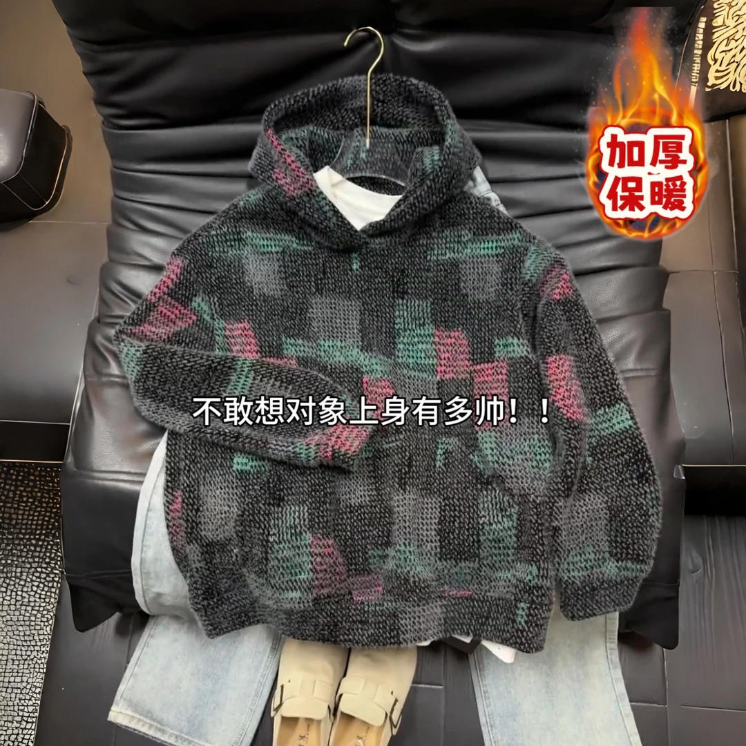 美式复古针织连帽卫衣男款秋冬cleanfit重磅毛绒外套宽松休闲上衣