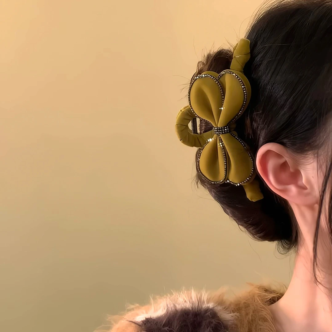 韩版咖色镶钻蝴蝶结植绒抓夹女网红气质个性马尾抓夹半扎发盘发饰