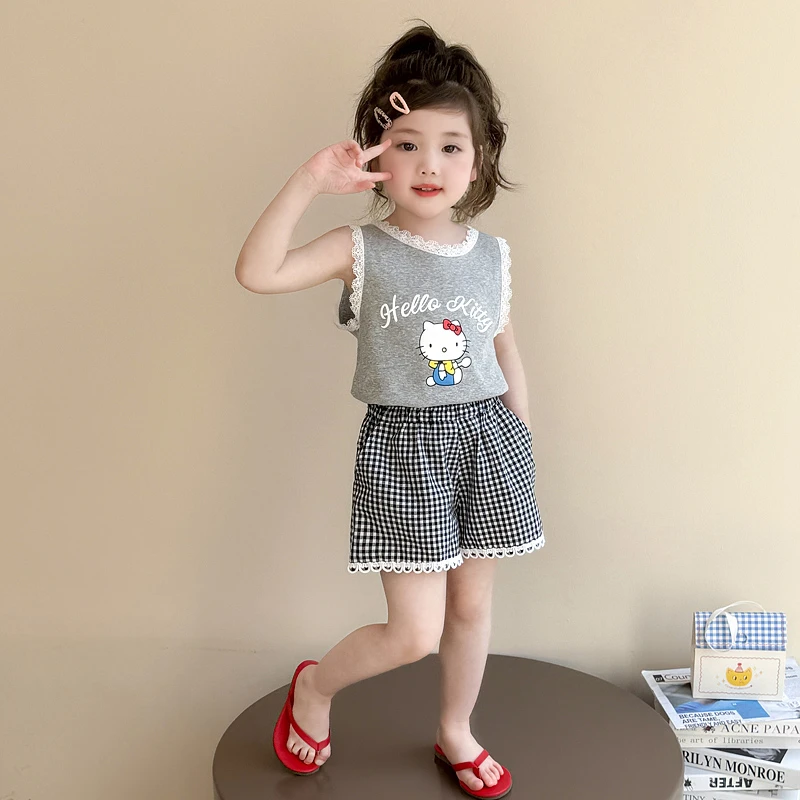 女童夏装套装2025新款儿童花边背心短裤女宝宝韩版卡通无袖两件套