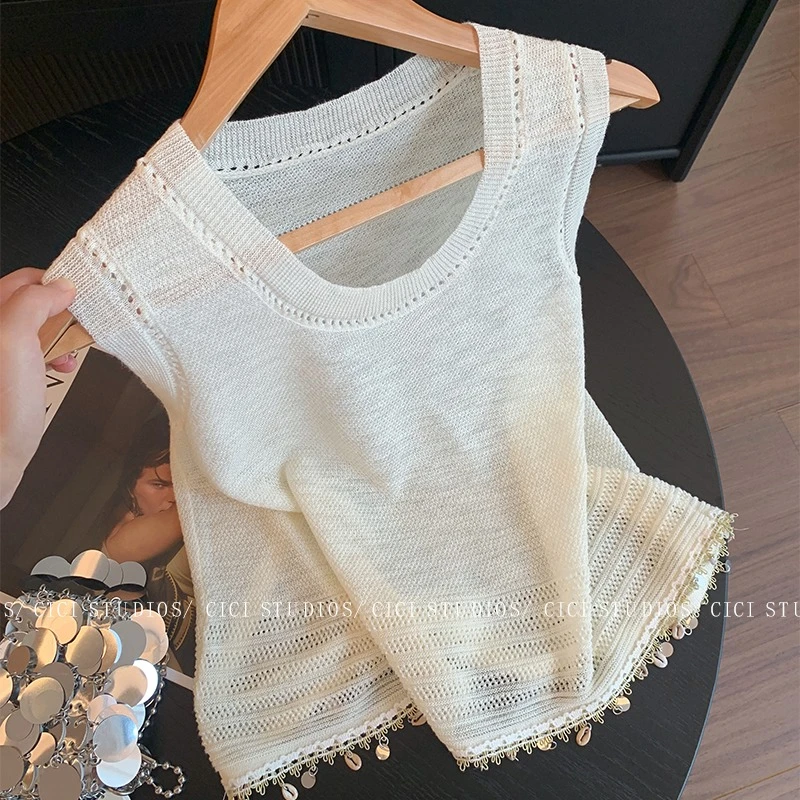 法式编织镂空无袖针织背心女夏季2025新款时尚简约气质显瘦短上衣
