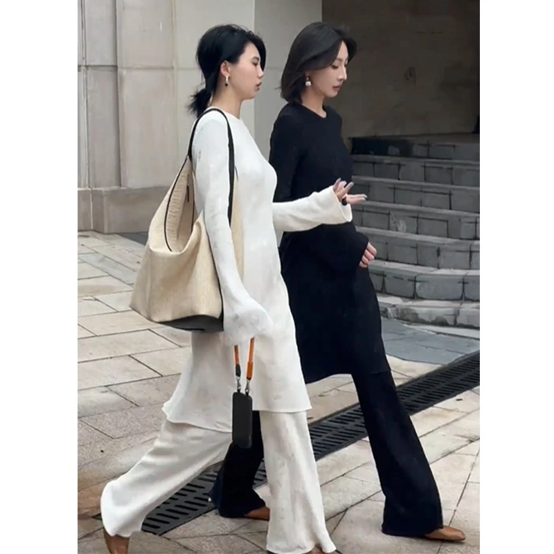 白色中长款衬衫阔腿裤两件套女2025春装一整套ootd穿搭休闲套装女