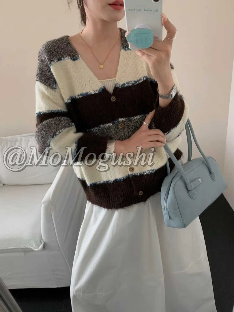 秋冬圆领针织衫宽松针织衫慵懒风气质时尚条纹套头女装百搭