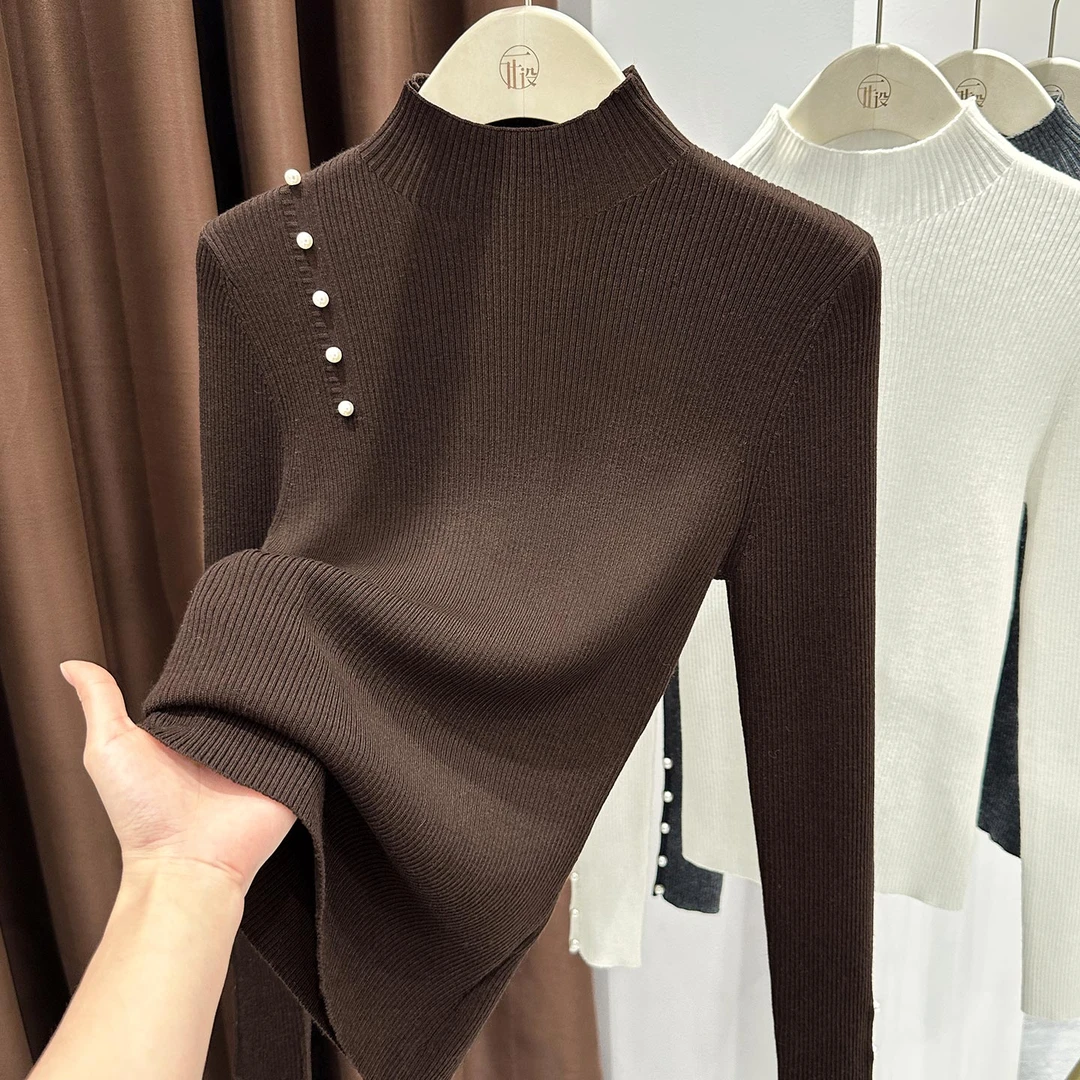 咖色半高领长袖针织衫洋气上衣女2025秋冬季新款设计感内搭打底衫
