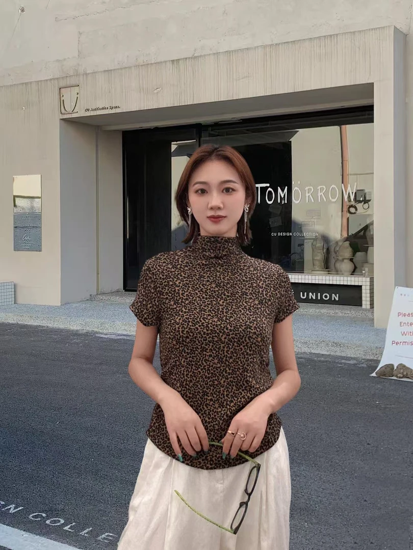 常规款修身型短袖半高领T恤豹纹打底衫8815#