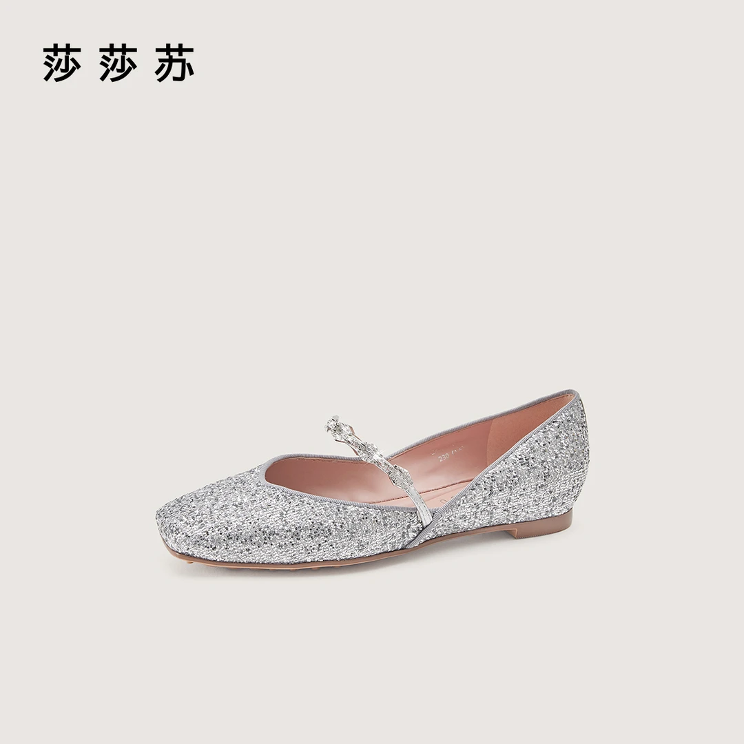 【银色】莎莎苏2025春幸运链方头玛丽珍平底时尚百搭单鞋ZA65110-43
