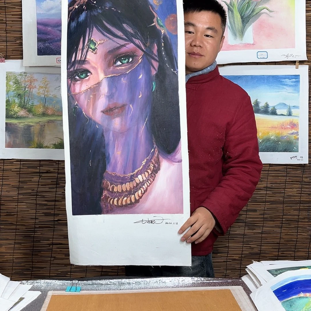 油画行路人小院绘画
