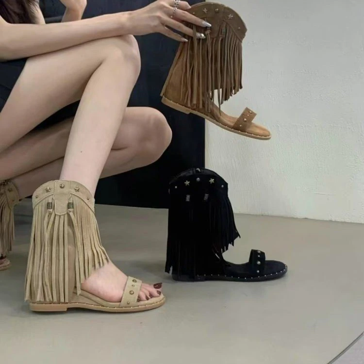 新中式民族风流苏罗马凉鞋女夏季2025年新款高帮坡跟增高凉靴