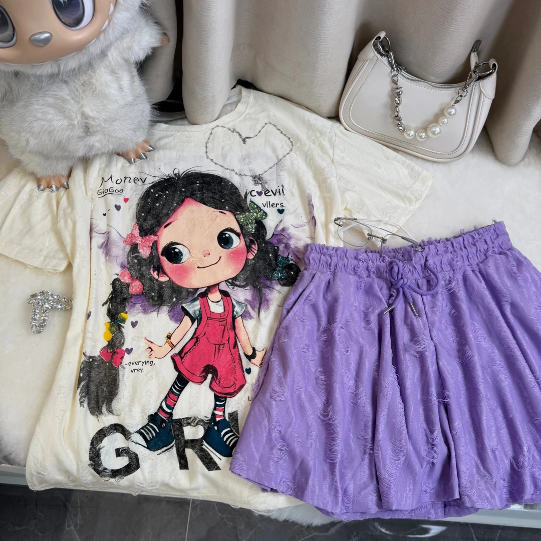 2025年洋气甜美时尚潮流设计感韩版短袖女款卡通小女孩上衣网红