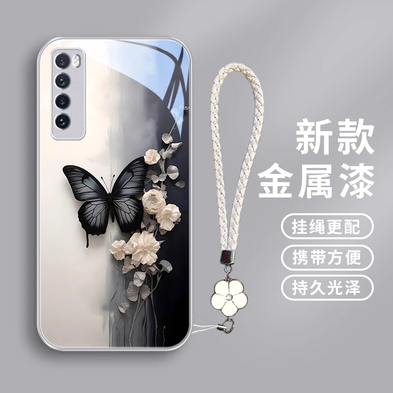 黑色蝴蝶适用华为nova7pro手机壳nova7se女款挂绳nova7可爱防摔全