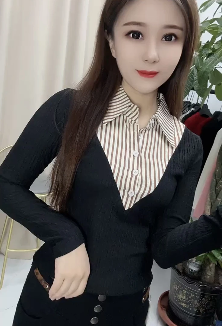 内搭外穿春秋季新款长袖假两件T恤时尚百搭减龄上衣衬衫领打底衫