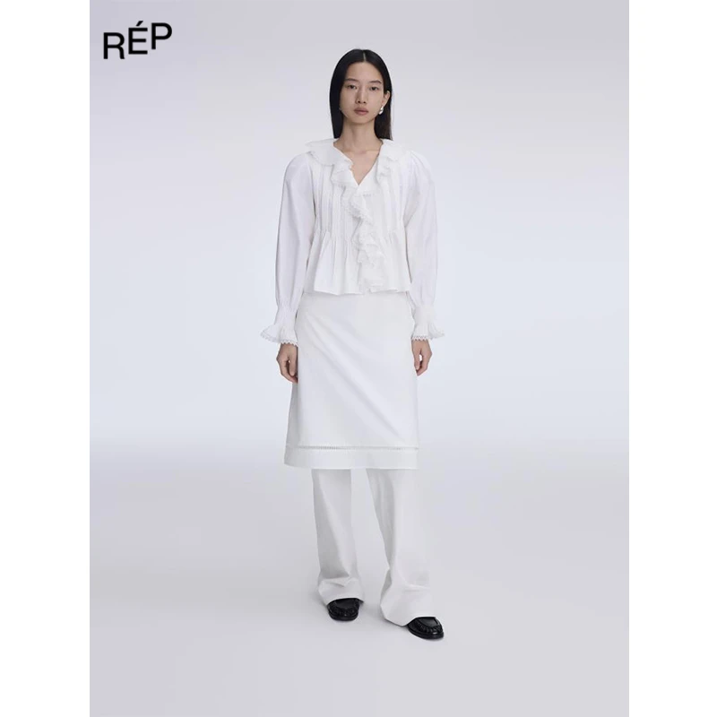 REP-TOMMY ZHONG设计师品牌白色法式荷叶边塔克褶短衬衣 25FW新品