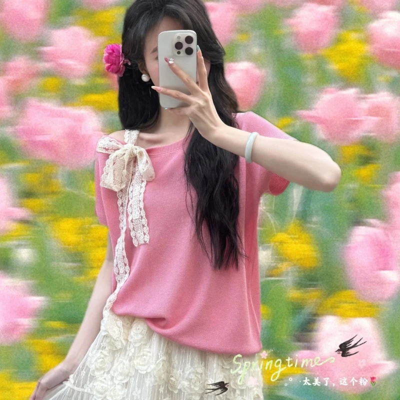 氛围感拼接蕾丝短袖新款2025显瘦气质夏季甜美时尚百搭圆领上衣