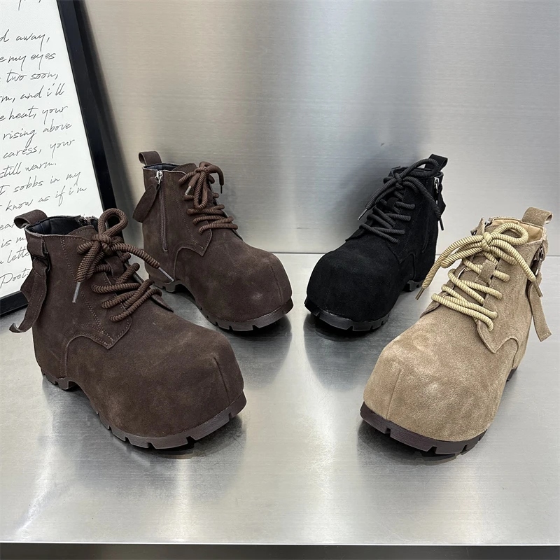 女士休闲舒适时尚百搭复古英伦风高帮系带厚底圆头户外秋冬潮流鞋