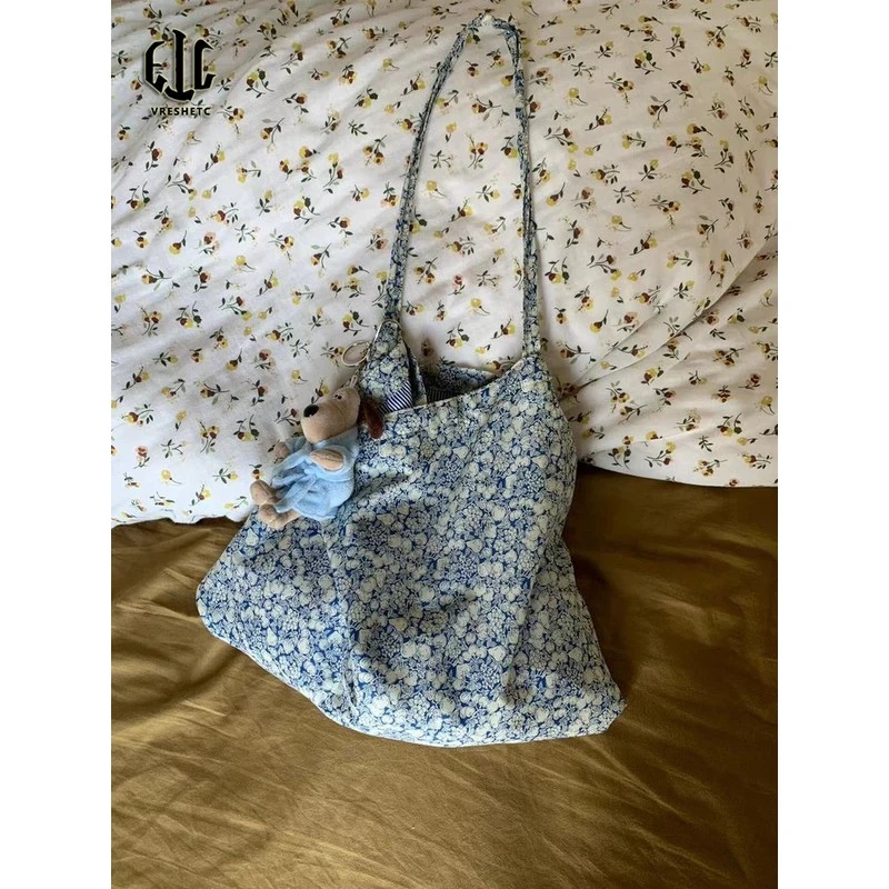 韩系晴山蓝碎花帆布包2025慵懒复古小众大学生大容量斜气质网红