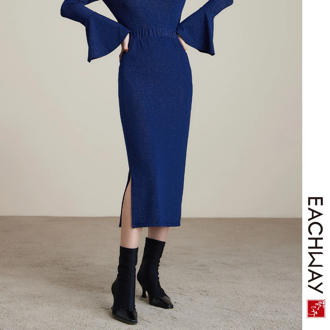 【粉丝福利】Eachway/艺之卉显瘦开叉细闪弹力包臀半身裙EKT31A0208