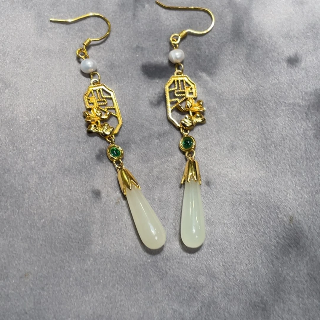 和田玉银S925镀金镶嵌耳环