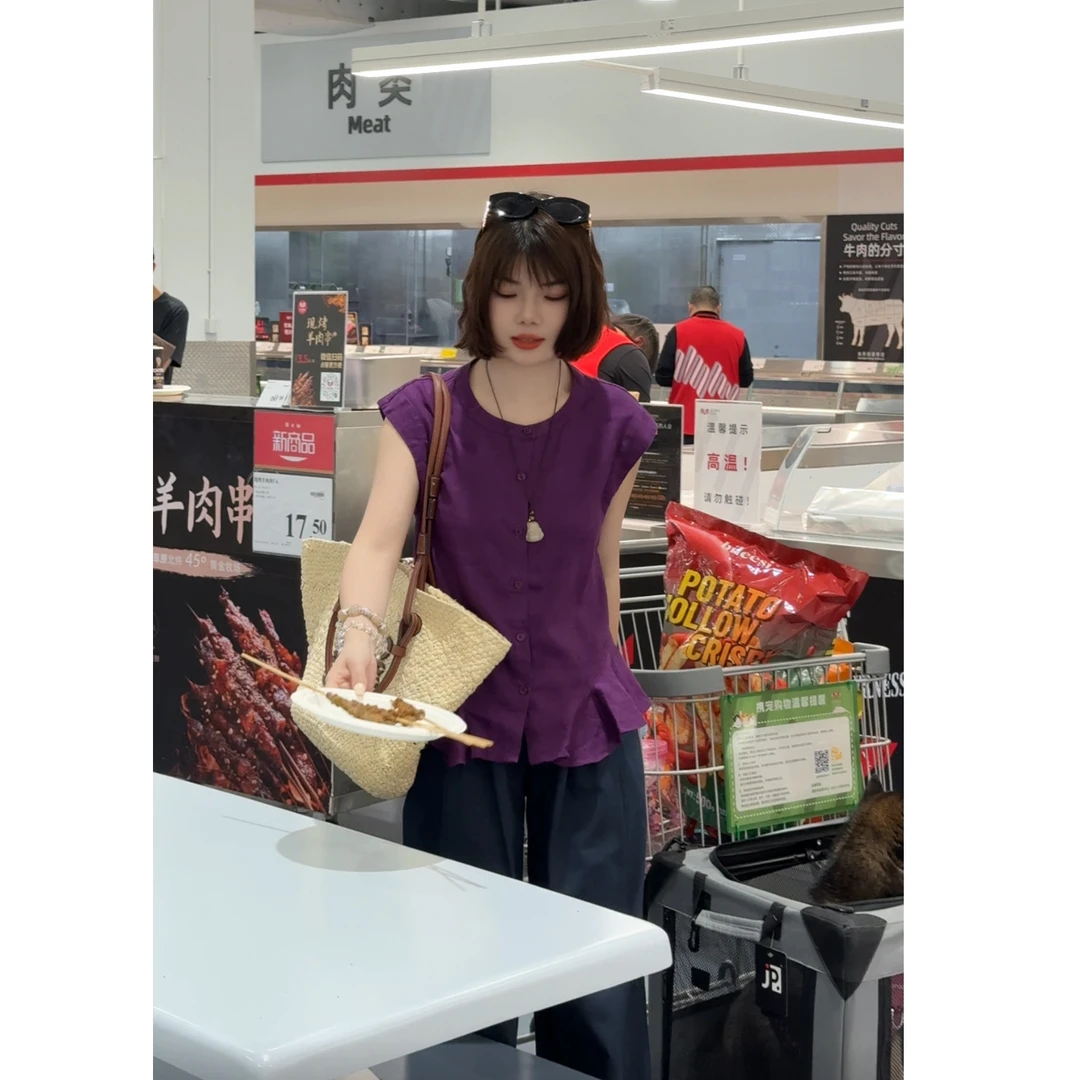 玳妮【飞飞袖荷叶衫】夏季圆领全麻轻薄衬衫单排扣百搭休闲气质衬衣