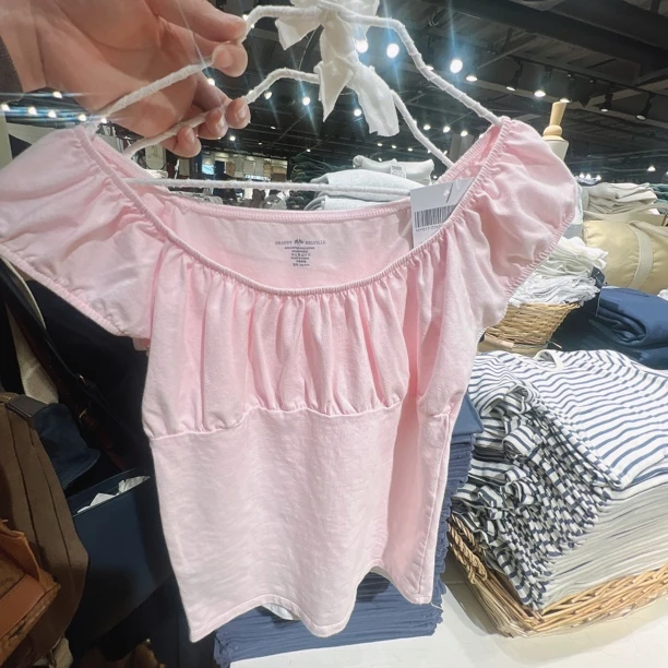 BM短袖女纯色方领修身显瘦设计感小众2025夏季新款纯欲风百搭上衣