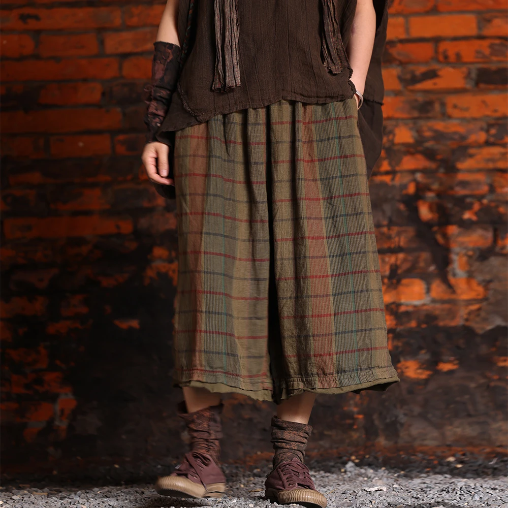 衣路走来原创设计2025春款亚麻复古百搭格子八分裤休闲裤 38613