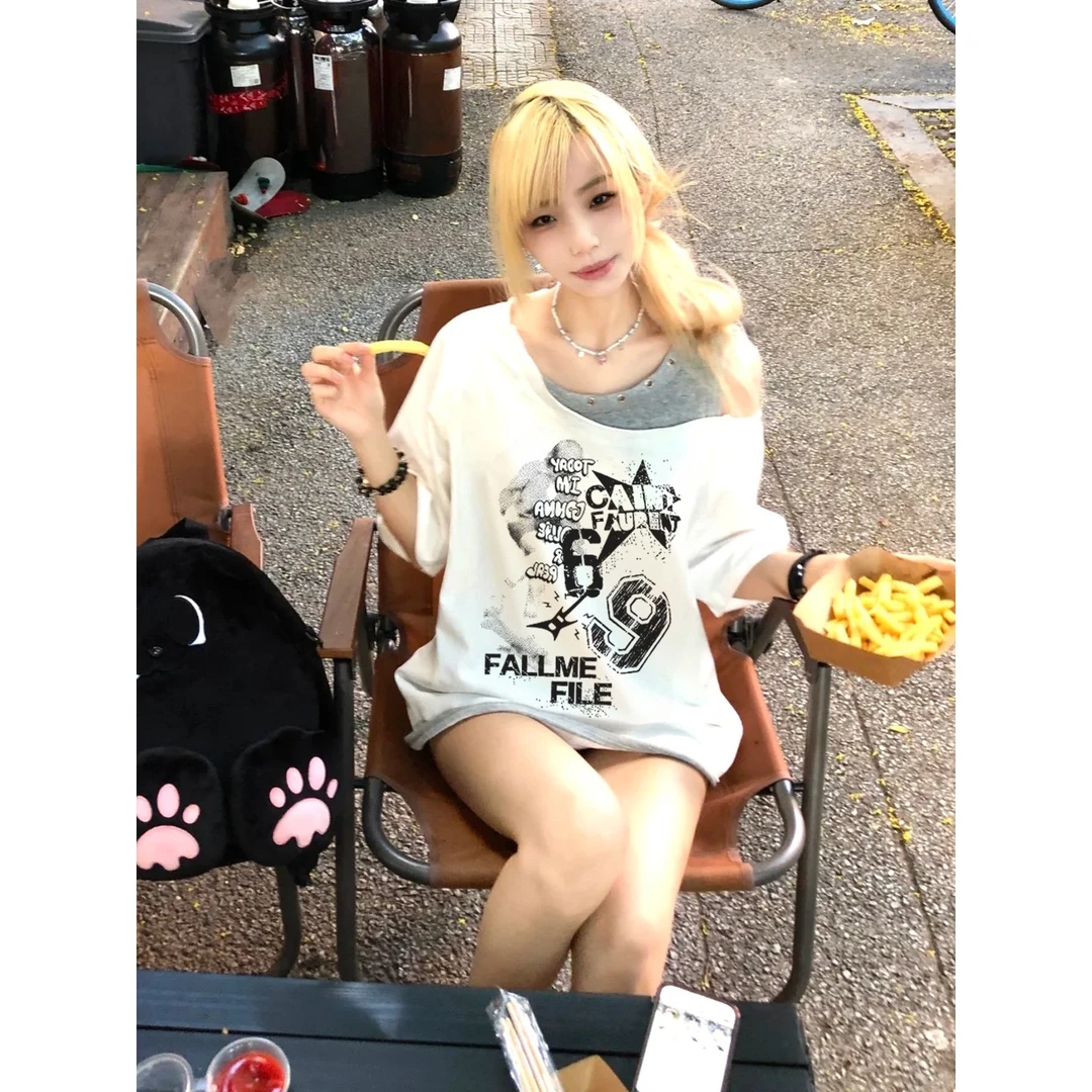 夏季新款辣妹露肩短袖t恤女美式高街潮牌印花宽松慵懒风上衣