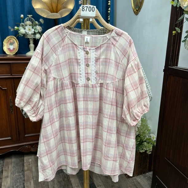 8700-8799号 格子宽松棉布短袖衬衫夏季女上衣新款