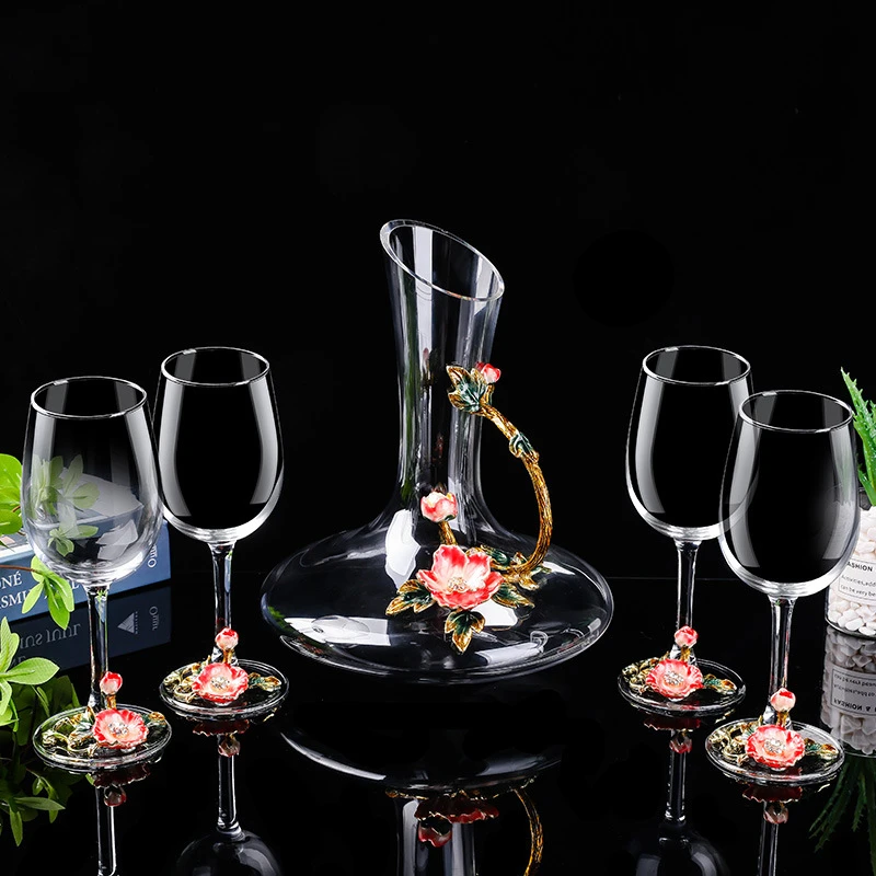 新款牡丹家用红酒杯创意珐琅彩葡萄酒杯欧式高脚杯水晶玻璃醒酒器