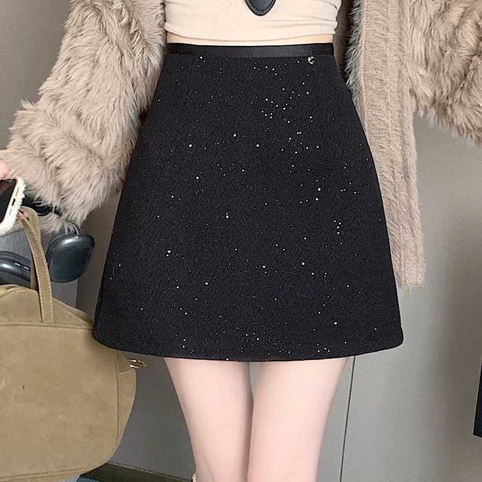 小香风时髦纯色亮片半身裙女秋冬季新款洋气毛呢高腰显瘦A字裙