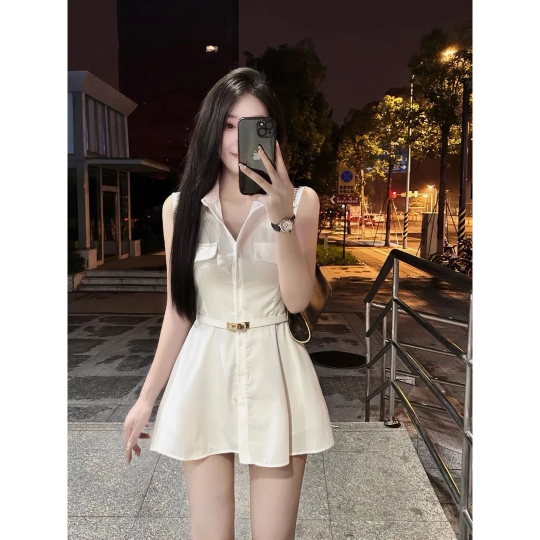 名媛风气质套装女时尚甜美束腰领无袖衬衫裙+高腰显瘦短裤潮