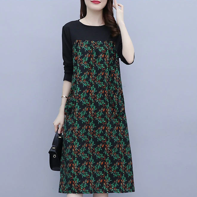 连衣裙新款春秋时尚胖复古中国风印花拼接中长款大码裙子