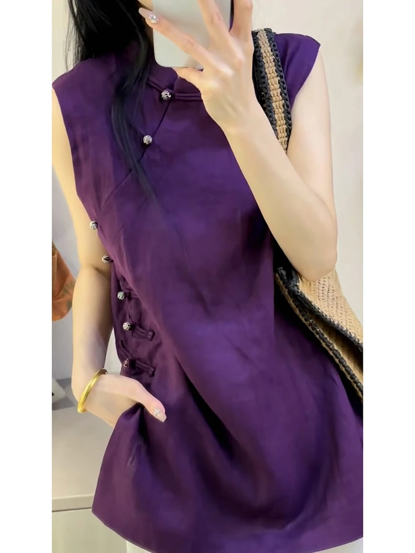 2025夏日绝美穿搭小众不撞款新中式国风气质紫色盘扣无袖衬衫上衣