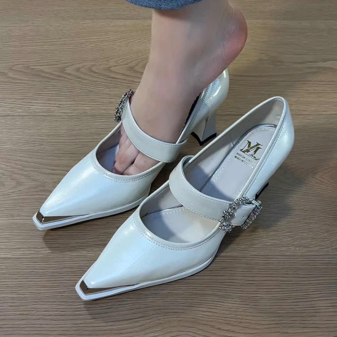 单鞋新款夏季新款金属铁头一字带单鞋 罗马风格温柔时尚百搭女