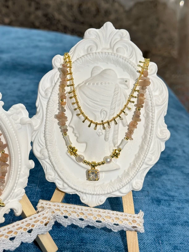 钛钢项链 钛钢纯手工制作波西米亚风格双层项链三件套粉色