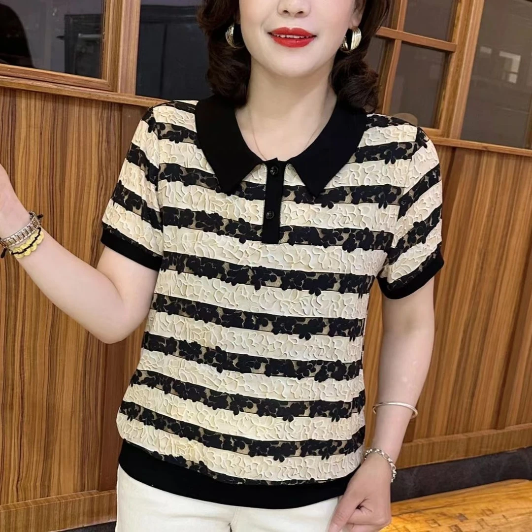 夏季中老年妈妈装新款时尚休闲宽松条纹T恤百搭娃娃领短袖上衣女