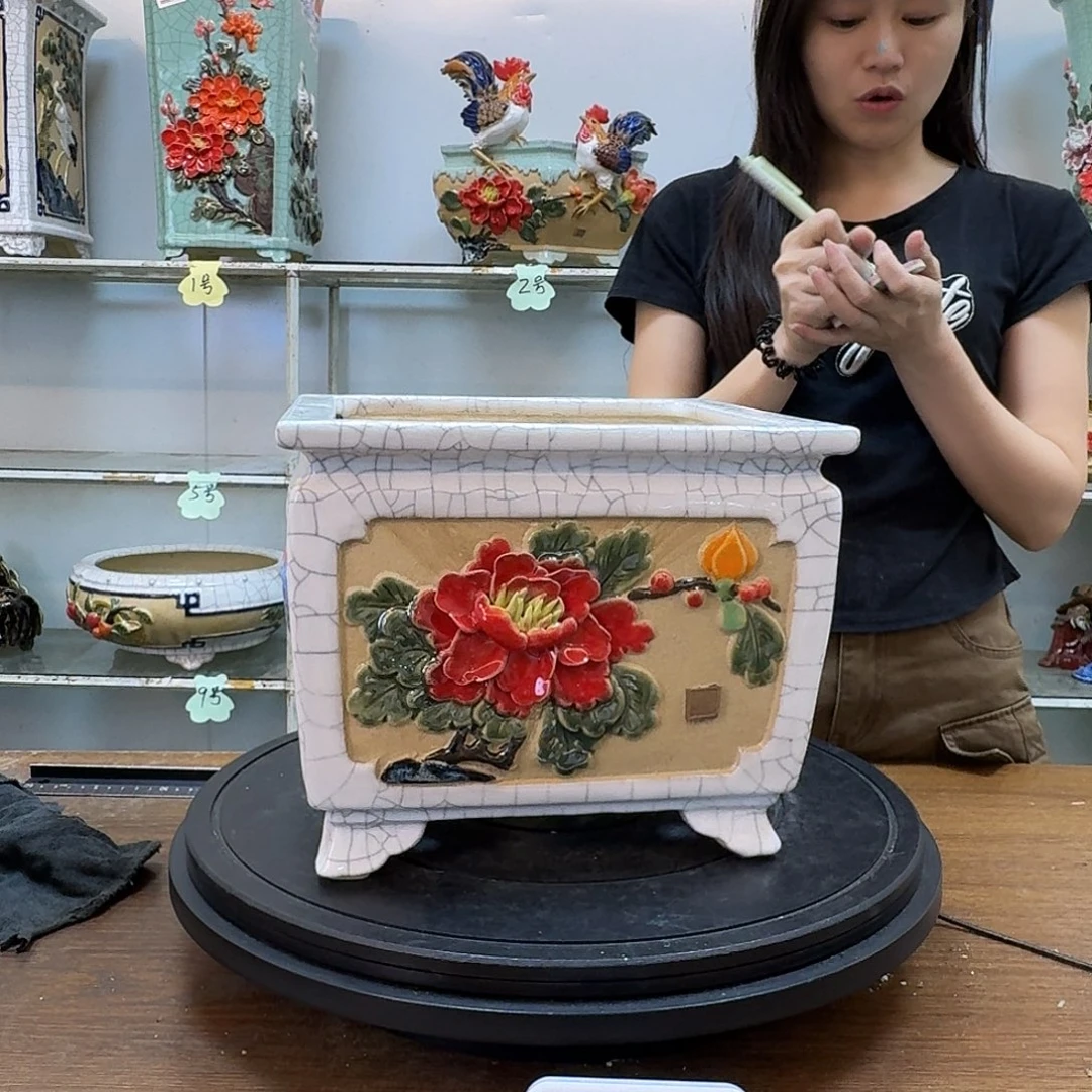 龙***院无花朵石湾盆200陶泥花