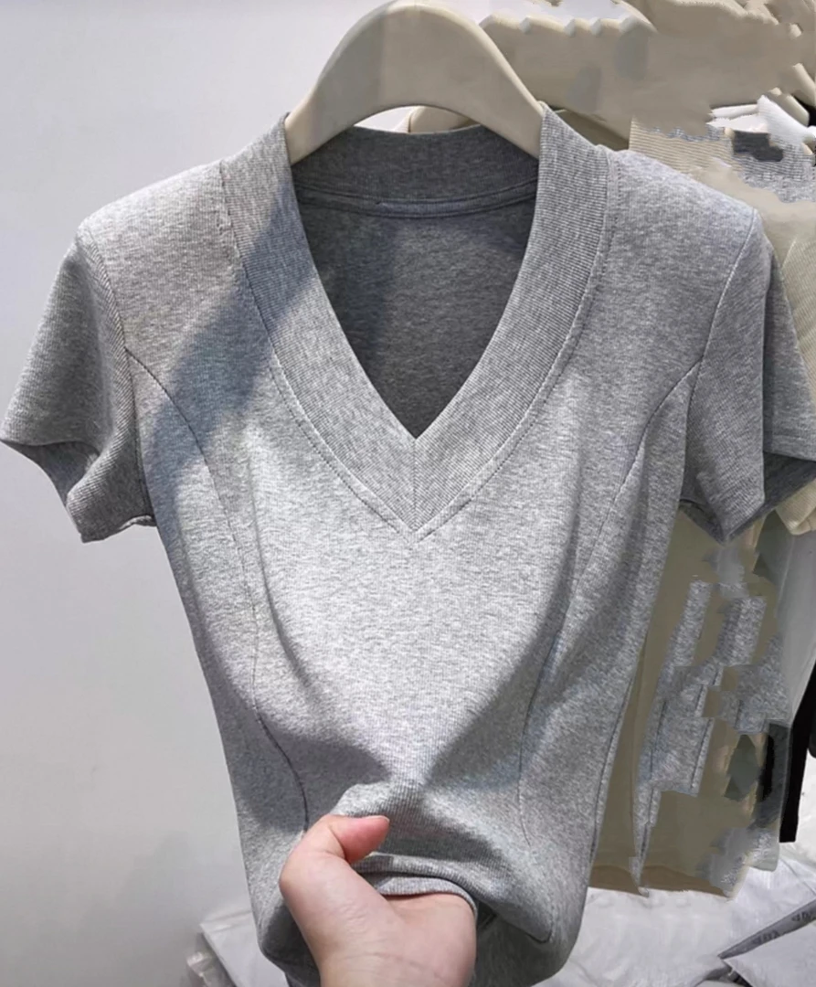 新款时尚显瘦小蛮腰v领短袖上衣46-01款，56长