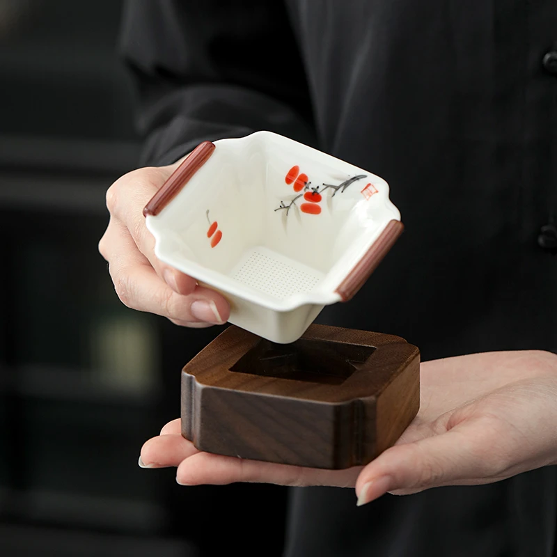 物姿白瓷手绘茶漏茶滤一体陶瓷茶叶滤茶器家用茶隔功夫茶具配件