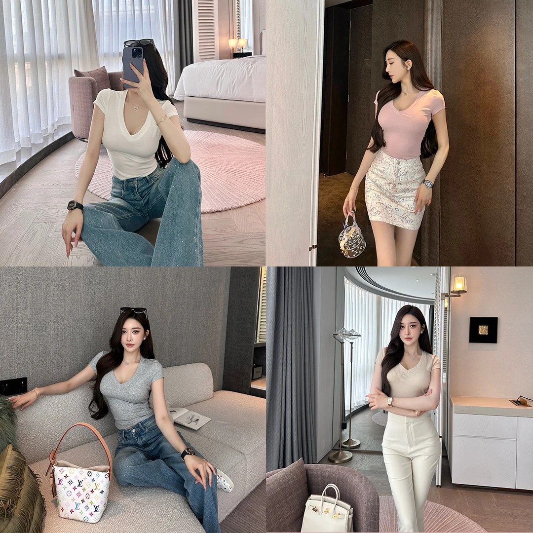 SX善喜4色入基础款罗纹针织V领短袖T恤女士弹力修身显瘦百搭上衣