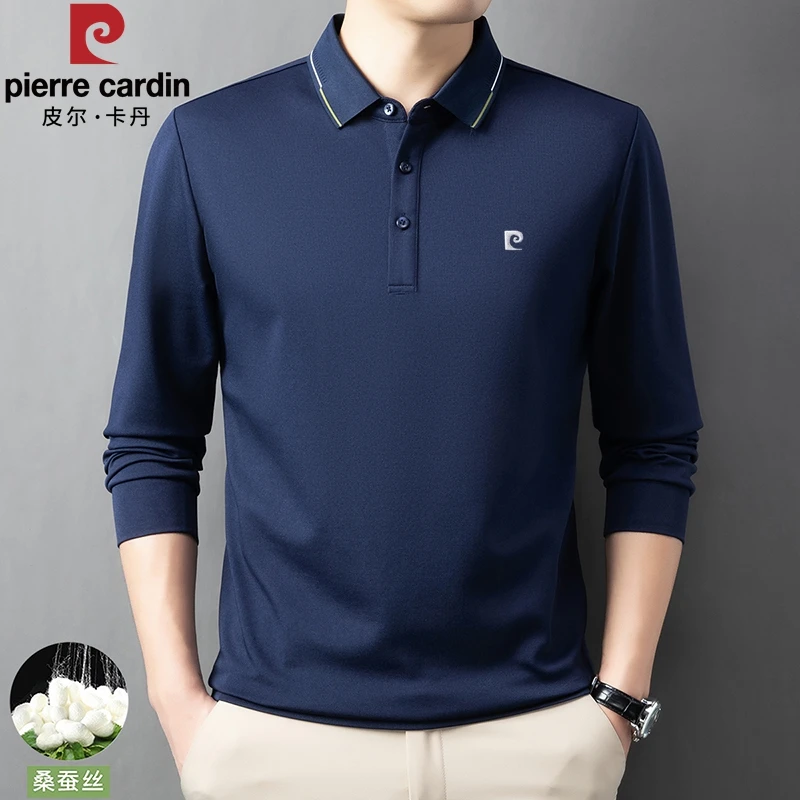 皮尔卡丹高档桑蚕丝休闲商务t恤男士中年中老年翻领长袖宽松上衣