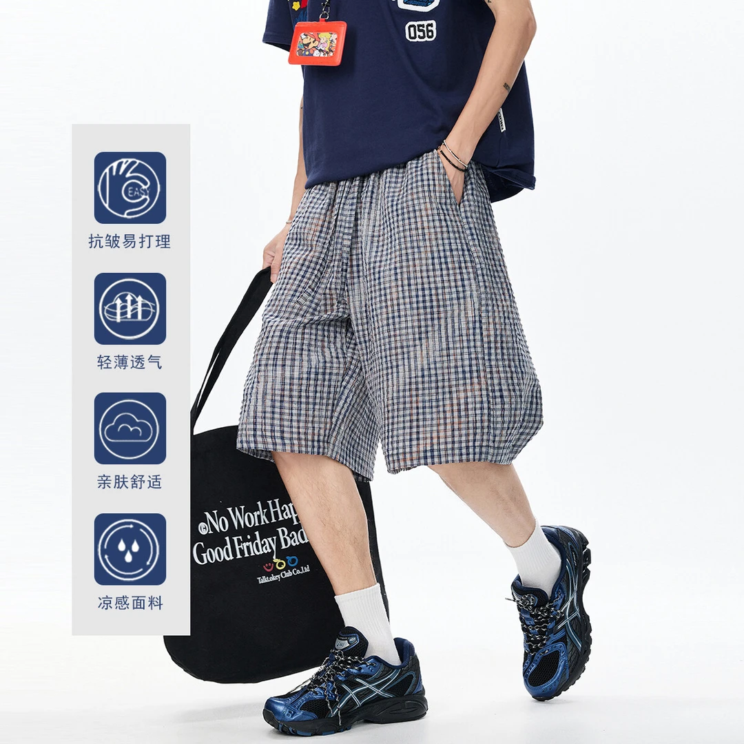 夏季复古大版彩绘泡泡纱格子短裤男女轻薄透气情侣防晒五分沙滩裤